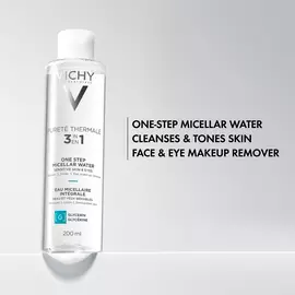 Purete Thermale Mineral Micellar Water is a one-step micellar water than cleanses and tones skin and a face and eye makeup remover.