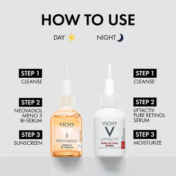 During the day, use the Neovadiol Meno 5 Serum after cleansing. At night, use Pure Retinol Serum after cleansing and before moisturizer.