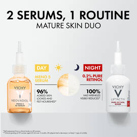 2 Serums, 1 Routine for the Mature Skin Duo. Use the Neovadiol Meno 5 Serum during the day & the Pure Retinol Serum at night.