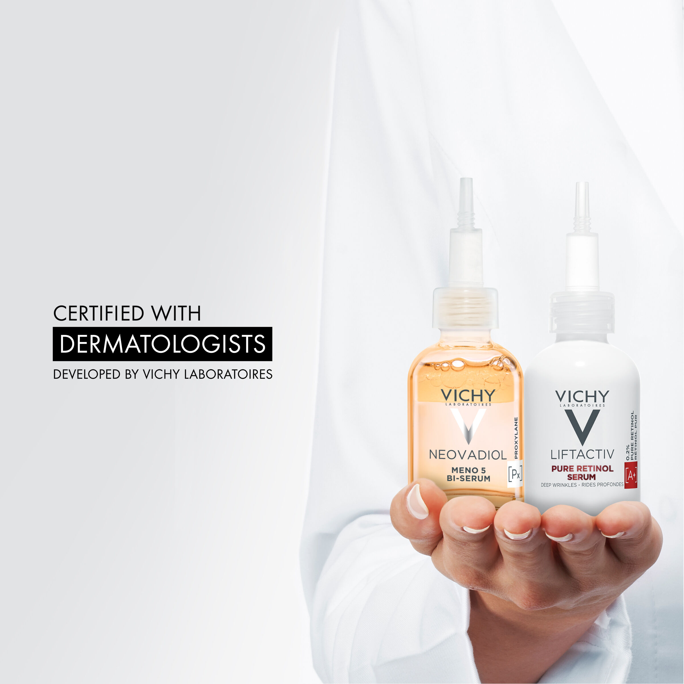 The Neovadiol & Pure Retinol Serum are certified with dermatologists and developed by Vichy Laboratories. 