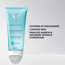 Purete Thermale Fresh Cleansing Gel is powered by niacinamide, cleanses skin, removes makeup & impurities without overdrying.