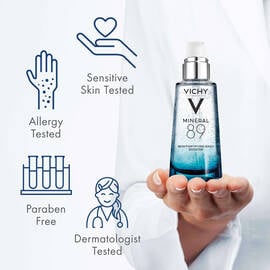 Vichy's Mineral 89 Serum has been sensitive skin tested, allergy tested, is paraben free, & dermatologist tested, making it safe for all skin types.