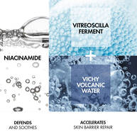 Niacinamide defense and soothes while vitreoscilla ferment and Vichy volcanic water accelerates skin barrier repair.