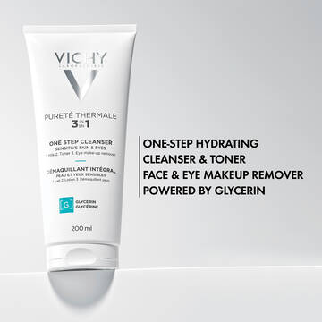 Purete Thermale 3-in-1 One Step Cleanser is a one-step hydrating cleanser & toner, face & eye makeup remover that is powered by glycerin.