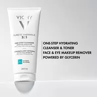 Purete Thermale 3-in-1 One Step Cleanser is a one-step hydrating cleanser & toner, face & eye makeup remover that is powered by glycerin.