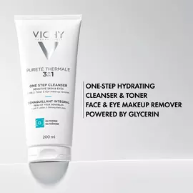 Purete Thermale 3-in-1 One Step Cleanser is a one-step hydrating cleanser & toner, face & eye makeup remover that is powered by glycerin.