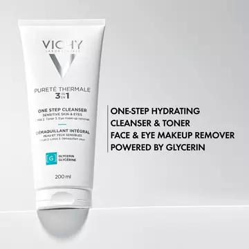 Purete Thermale 3-in-1 One Step Cleanser is a one-step hydrating cleanser & toner, face & eye makeup remover that is powered by glycerin.